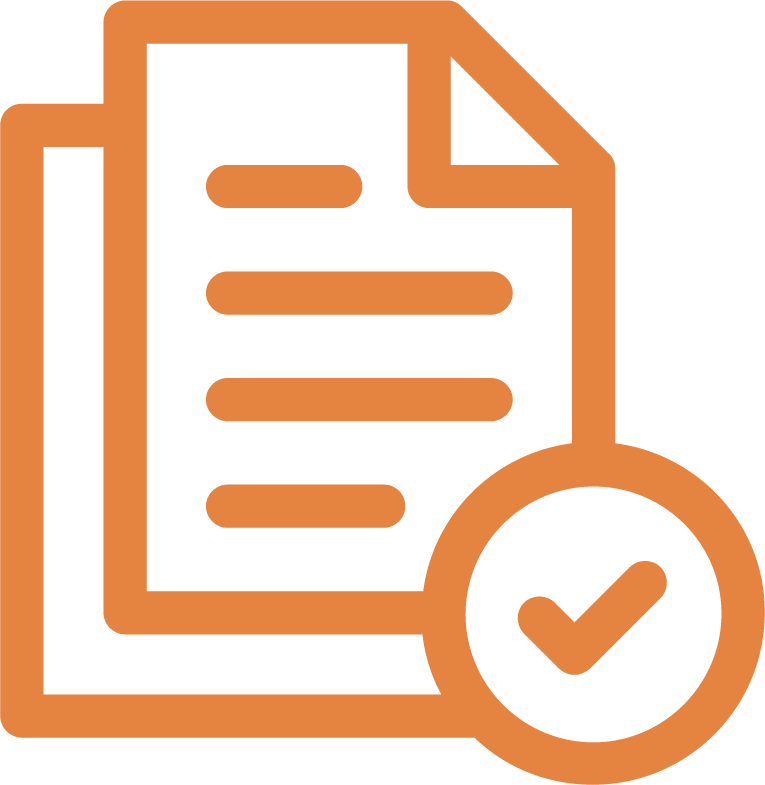 Icon of a document with text lines and a checkmark in a circle, representing approved or verified document