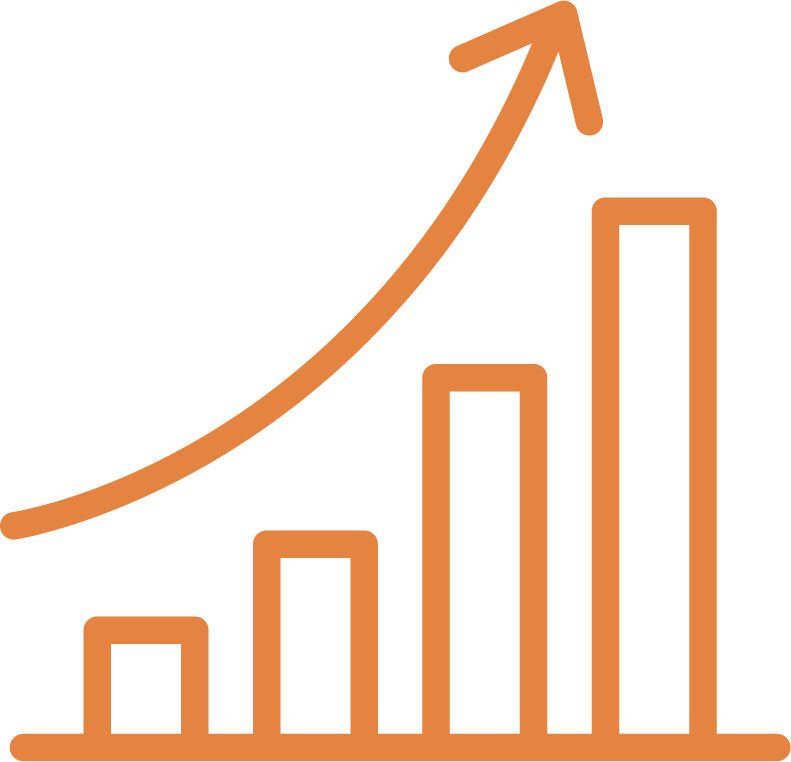 A bar chart with ascending orange bars and an upward-curving arrow indicating growth or increase.