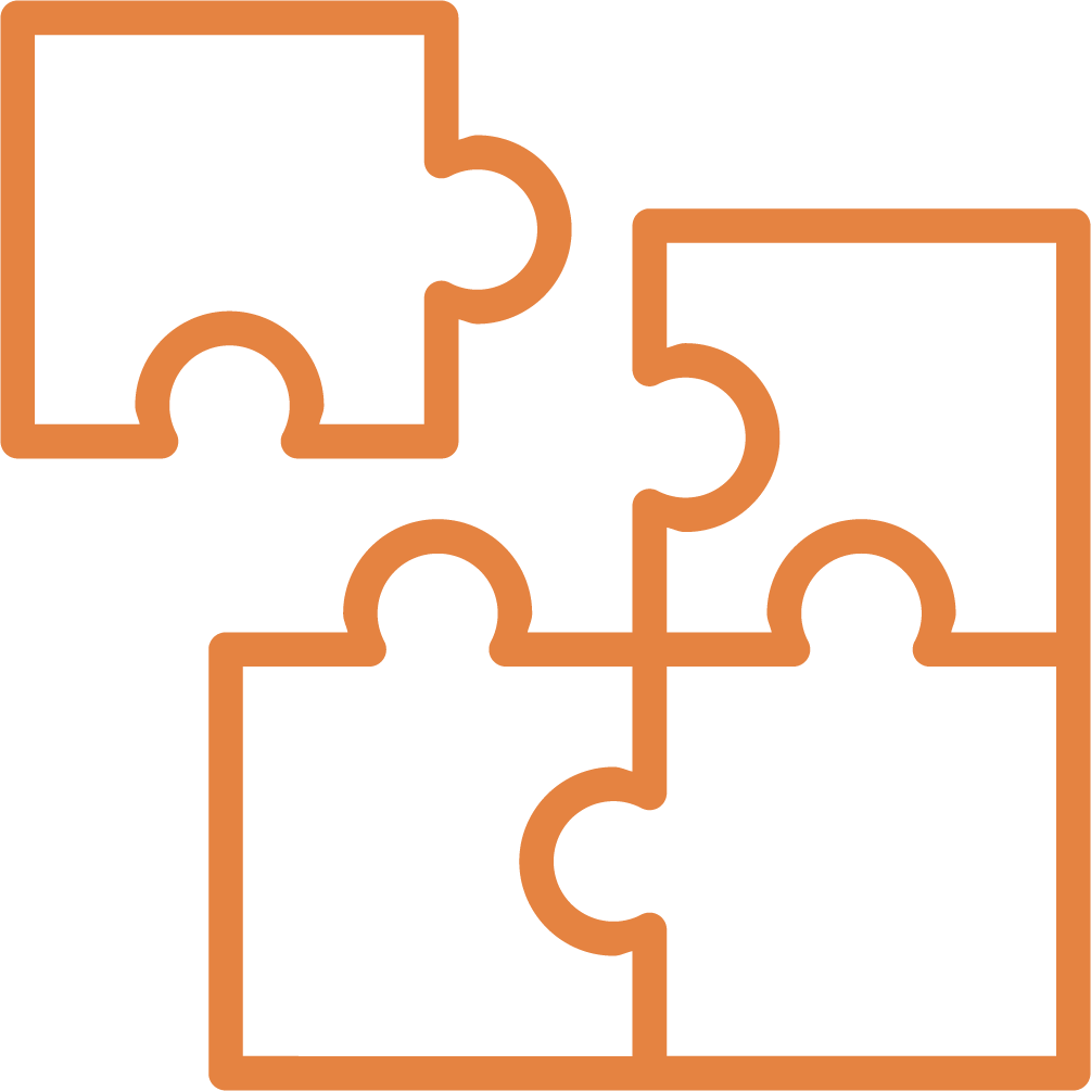 Outline of four interconnected puzzle pieces in orange and black color.
