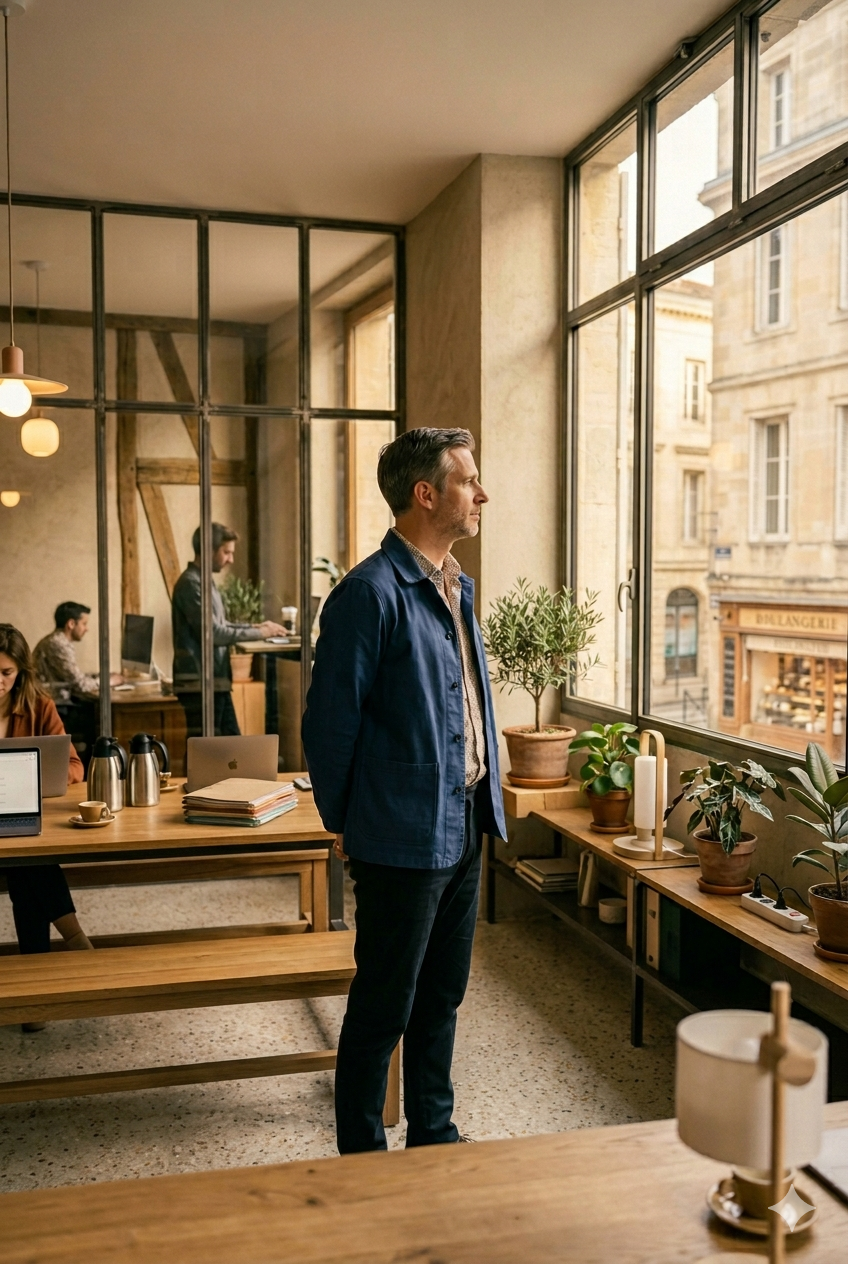 Un homme regarde par la fenêtre dans un espace de coworking ou un bureau avec des plantes, du mobilier en bois et une vue sur une rue parisienne.
