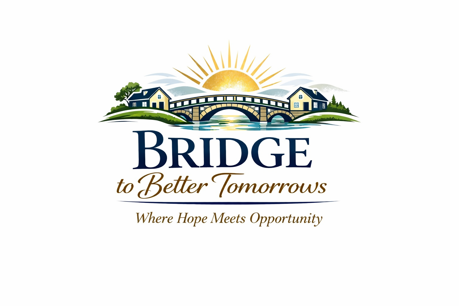Logo with a bridge over water, houses on the hills, and a rising sun behind, with text 'Bridge to Better Tomorrows' and the tagline 'Where Hope Meets Opportunity'.