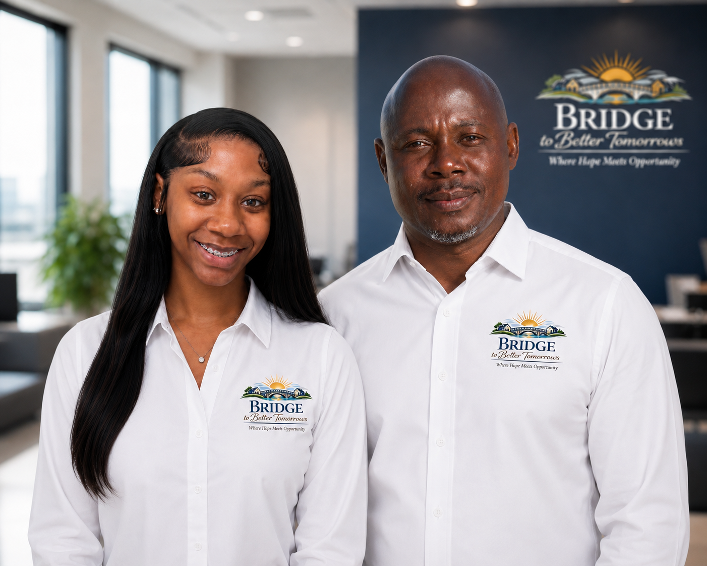 A young woman and a middle-aged man wearing white shirts with 'Bridge to Better Tomorrows' logo, standing in an office with a blue wall and a logo in the background.