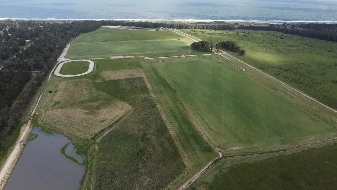 Vista aérea de un campo de golf con diferentes áreas de césped, caminos y un pequeño lago, junto a árboles y la playa en el fondo.