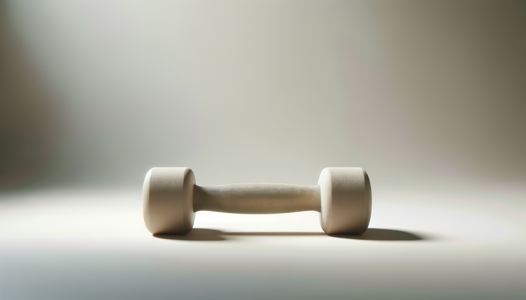 A white dumbbell lies on a light-colored surface with a minimalistic, softly lit background.