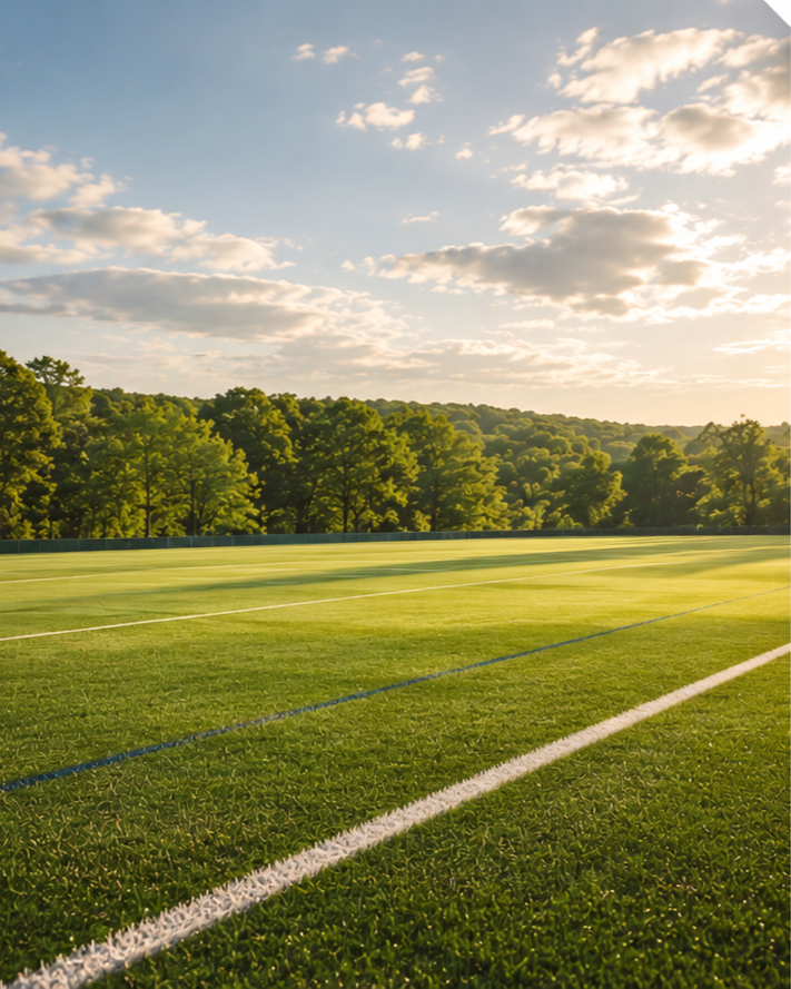 An empty sports field with green grass, white and blue boundary lines, and trees in the background under a partly cloudy sky.