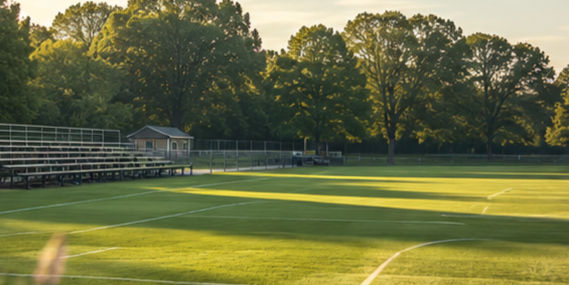 Empty baseball or softball field with green grass, bleachers, and trees in the background at sunset.