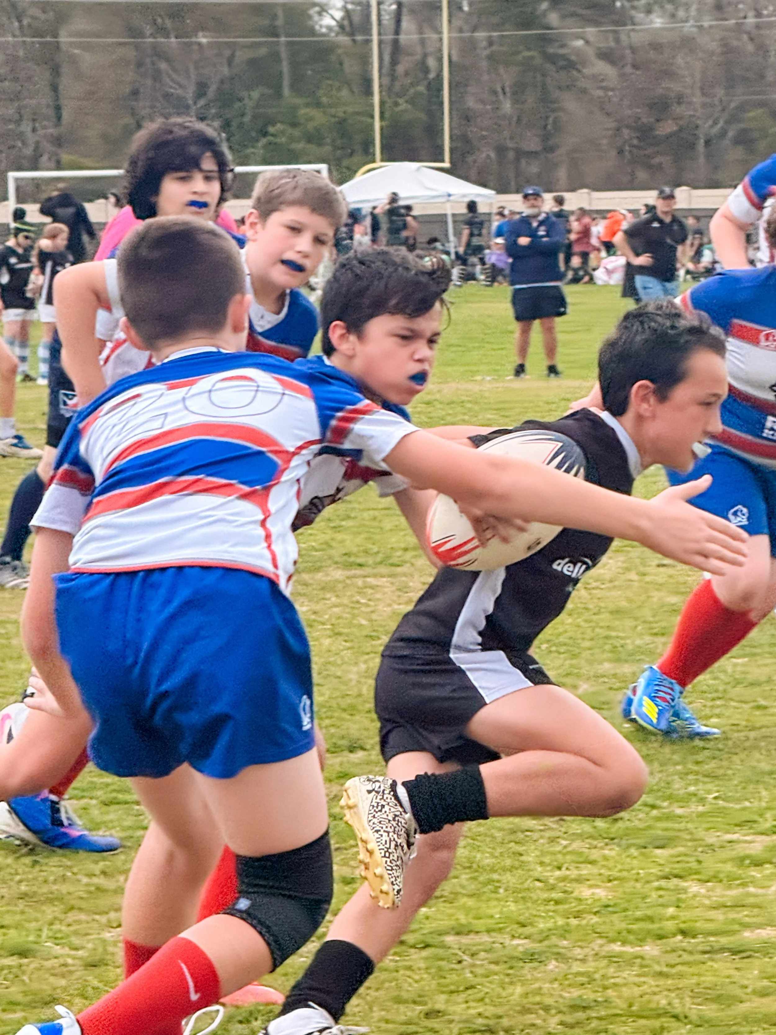 A group of young rugby players in blue, red, and black uniforms engaging in a game on a grassy field, with some players tackling others and a crowd watching in the background.