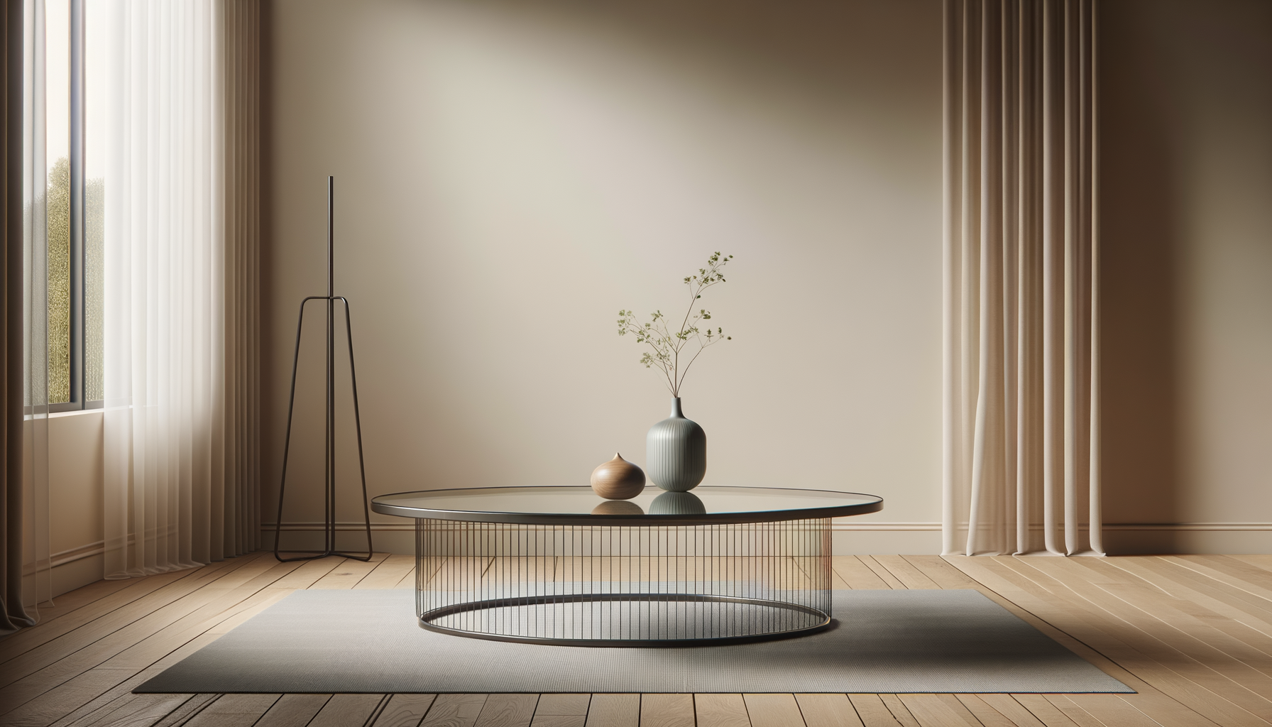Modern minimalist living room with a glass coffee table, a decorative vase with branches, a smaller wooden vase, tall beige curtains, a large window, a floor lamp, and light wooden flooring.