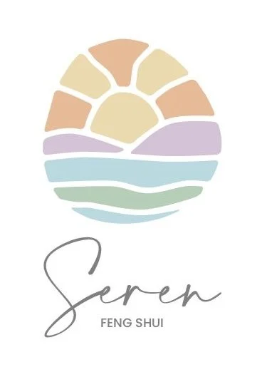 Colorful abstract design resembling a sunset over water, with the words "Seren" and "Feng Shui" below.