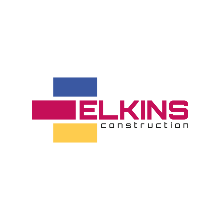 Elkins Construction logo with three colored squares—blue, pink, and yellow—arranged vertically and the company name in bold pink letters.