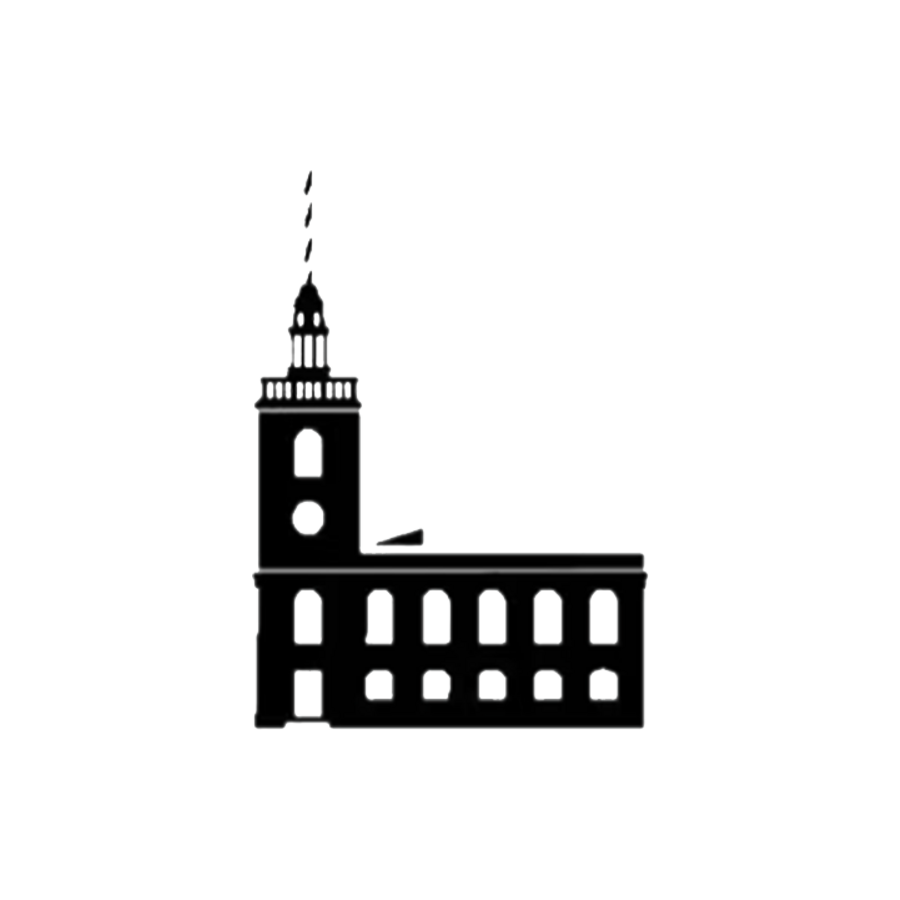 Black silhouette of a clock tower with a pointed spire, attached to a building with multiple arches, on a white background.