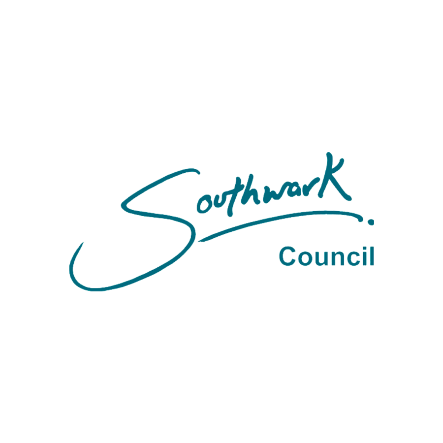 Logo for Southwark Council with stylized blue text on a white background.