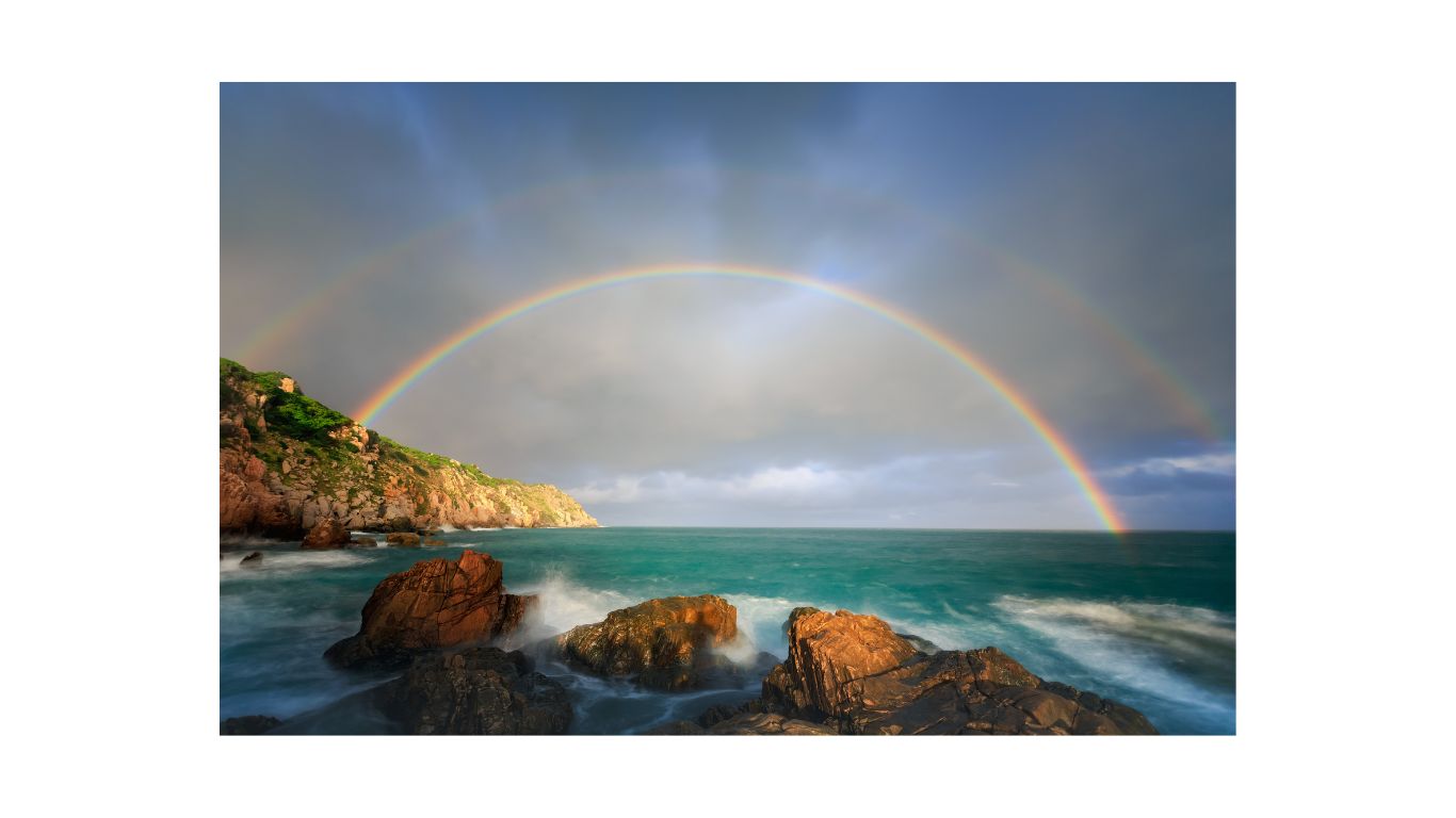 A scenic view of ocean waves crashing against rocks with a lush green hillside on the left under a clouded sky, featuring a vivid double rainbow stretching across the sky.