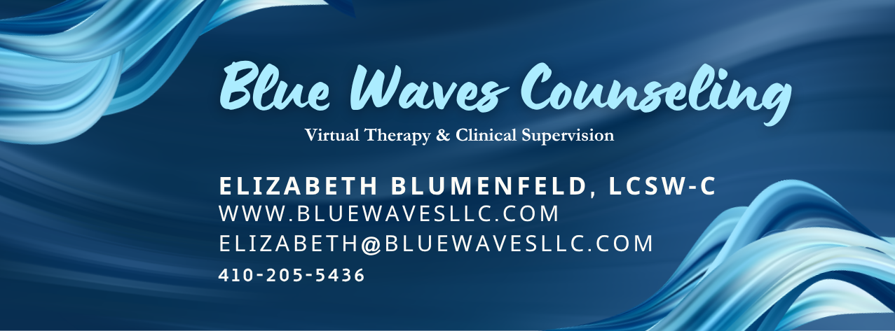 Business card for Blue Waves Counseling featuring a blue wave background and white text with contact information for Elizabeth Blumenfeld, LCSW-C.