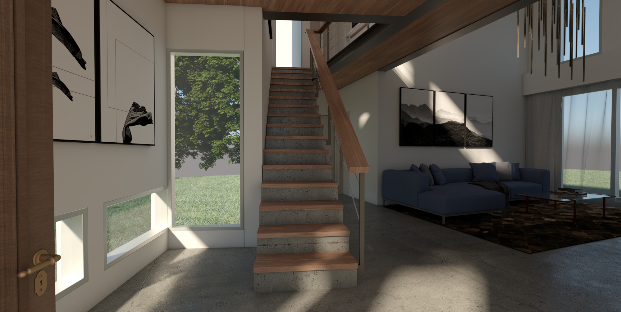 Interior moderno con escaleras de concreto y madera, sala con sofá azul y arte en las paredes, ventanas grandes con vista al exterior y luz natural.