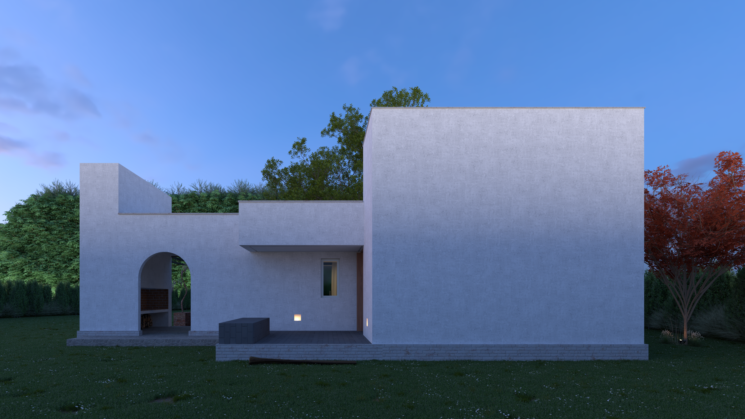 Casa moderna de color blanco con formas rectas y ventanas pequeñas, rodeada de árboles y césped, bajo un cielo despejado al atardecer.