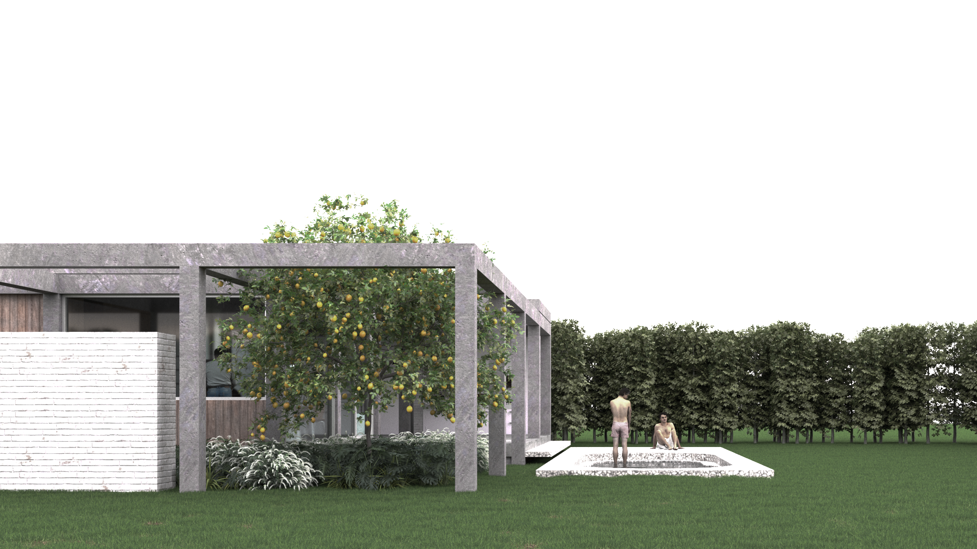Vista del jardín con árbol frutal, estructura de concreto, áreas de descanso y personas en el espacio exterior.