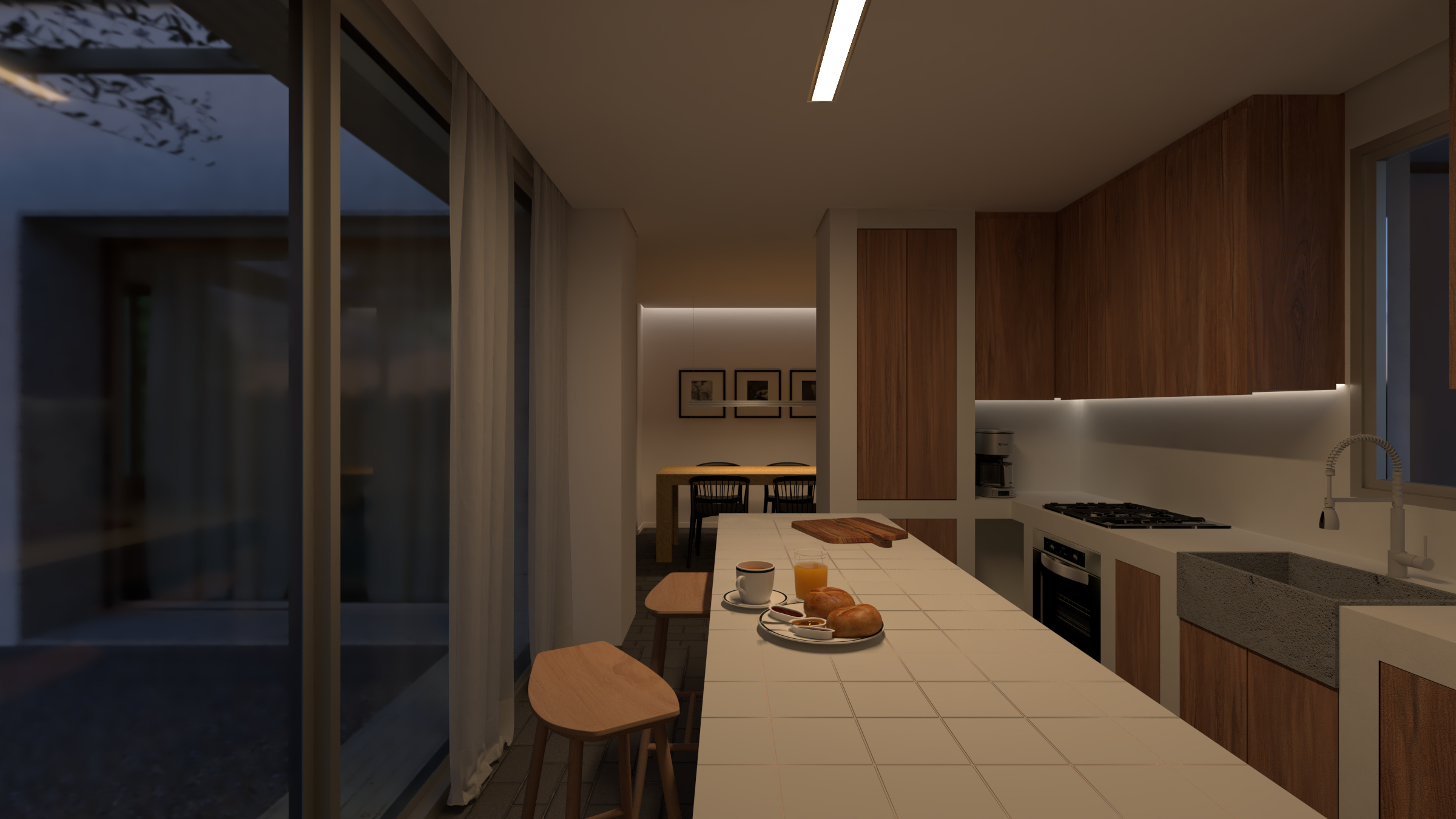 Cocina moderna con mesa de desayuno, tazas, panecillos, y vista a un patio. Armarios de madera, estufa y fregadero, con luz suave y ventanas grandes.