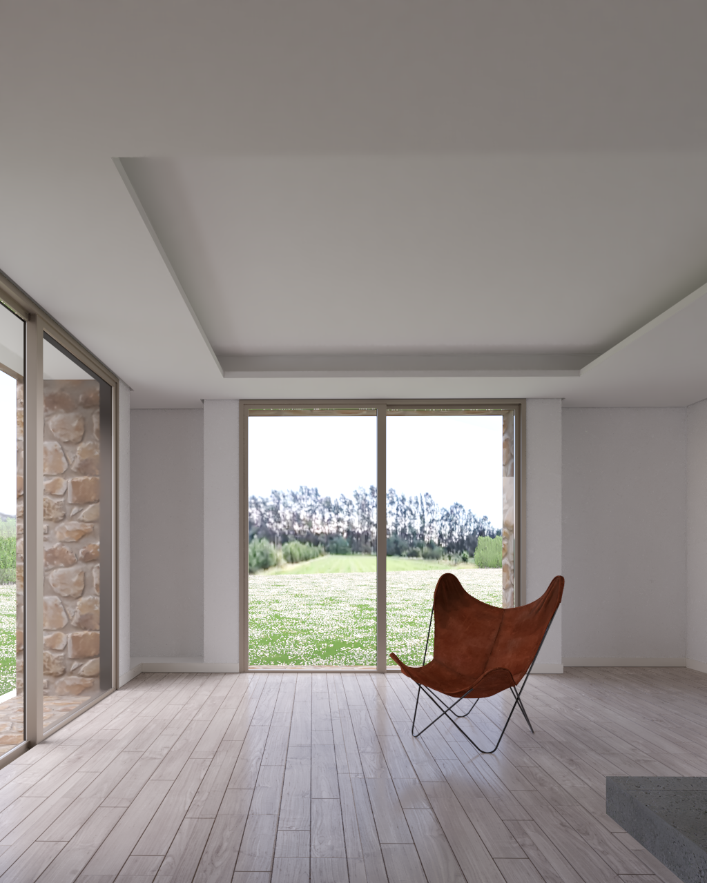 Interior de una sala moderna con paredes blancas, suelo de madera clara, gran ventana con vista a un jardín verde, y una silla de cuero marrón.