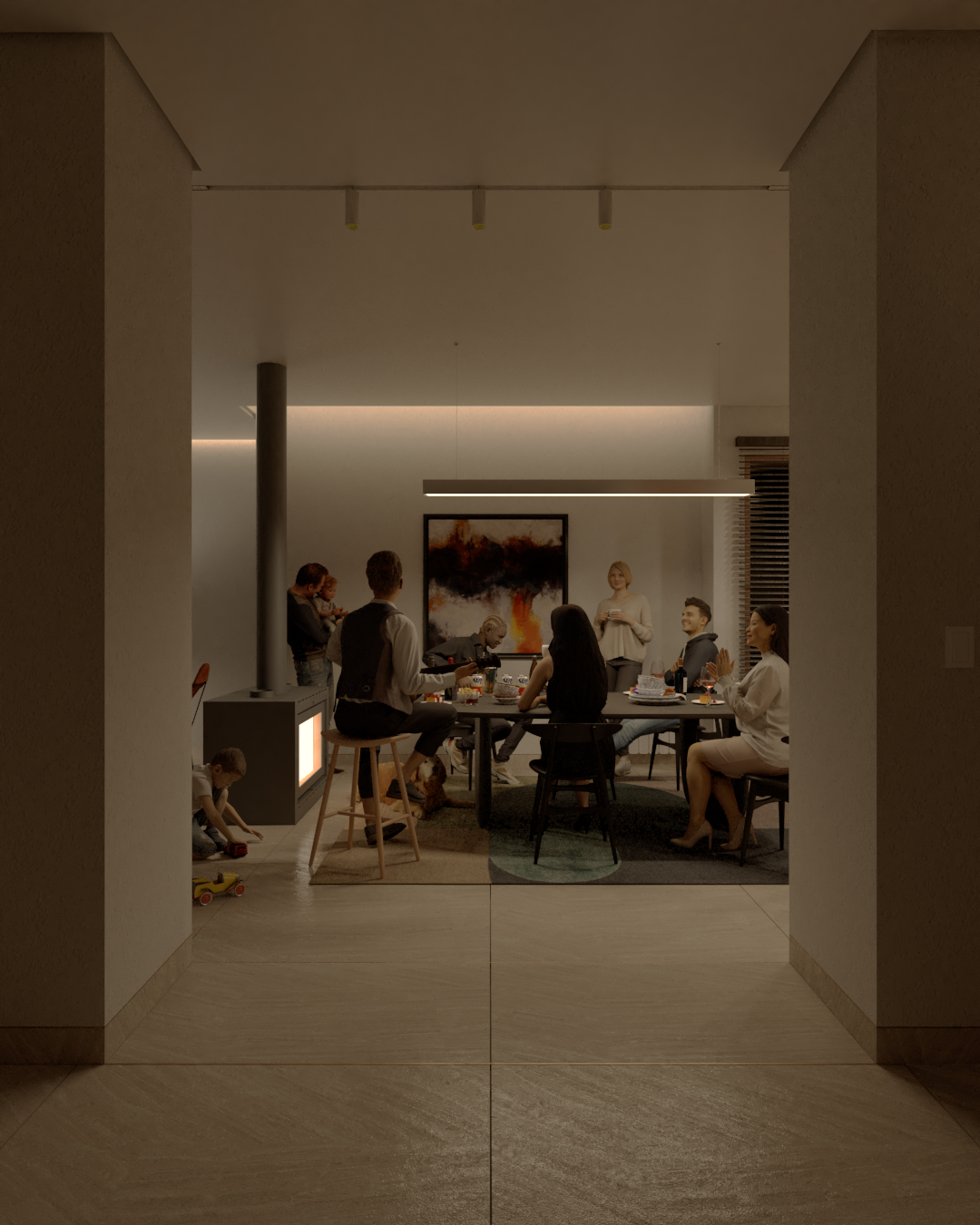 Grupo de personas en una reunión en una sala comedor moderna con un cuadro abstracto en la pared y una chimenea.