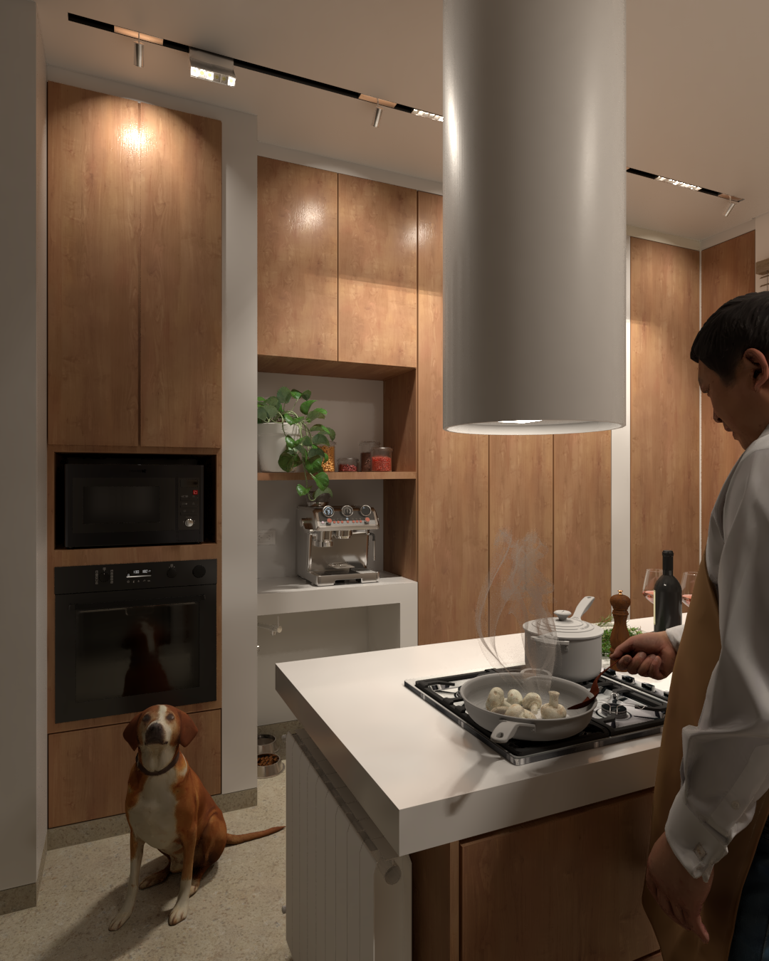 Hombre cocinando en una cocina moderna con gabinetes de madera y electrodomésticos integrados, perro sentado en el suelo observando.