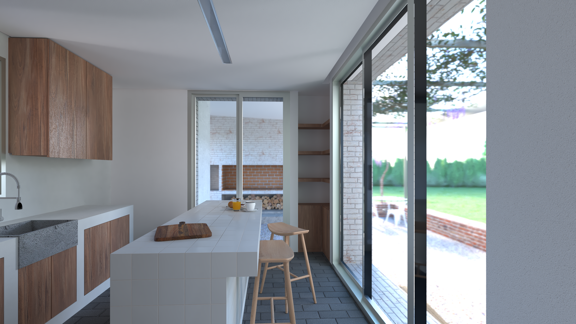 Interiores de una cocina moderna con ventanas de vidrio y vista al jardín, encimera blanca, puertas de madera en los armarios y una pequeña mesa con dos sillas de madera.