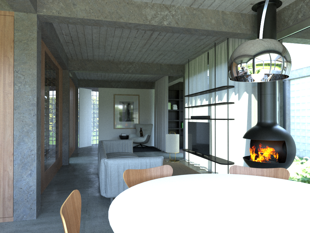 Interior de una sala de estilo moderno con chimenea de fuego, pantalla grande, y ventanas grandes que permiten luz natural