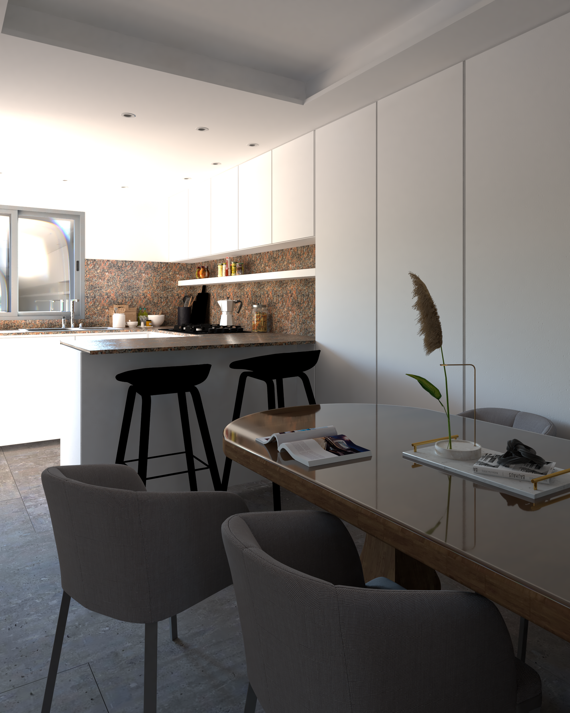 Escena de una cocina moderna con repisas y utensilios, comedor con sillas grises y mesa con revistas y una planta decorativa.