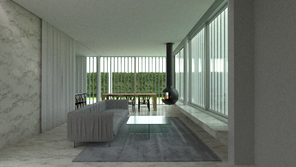 Sala de estar moderna con sofá gris, mesa de cristal, chimenea negra colgante y ventanas grandes con vista a áreas verdes.