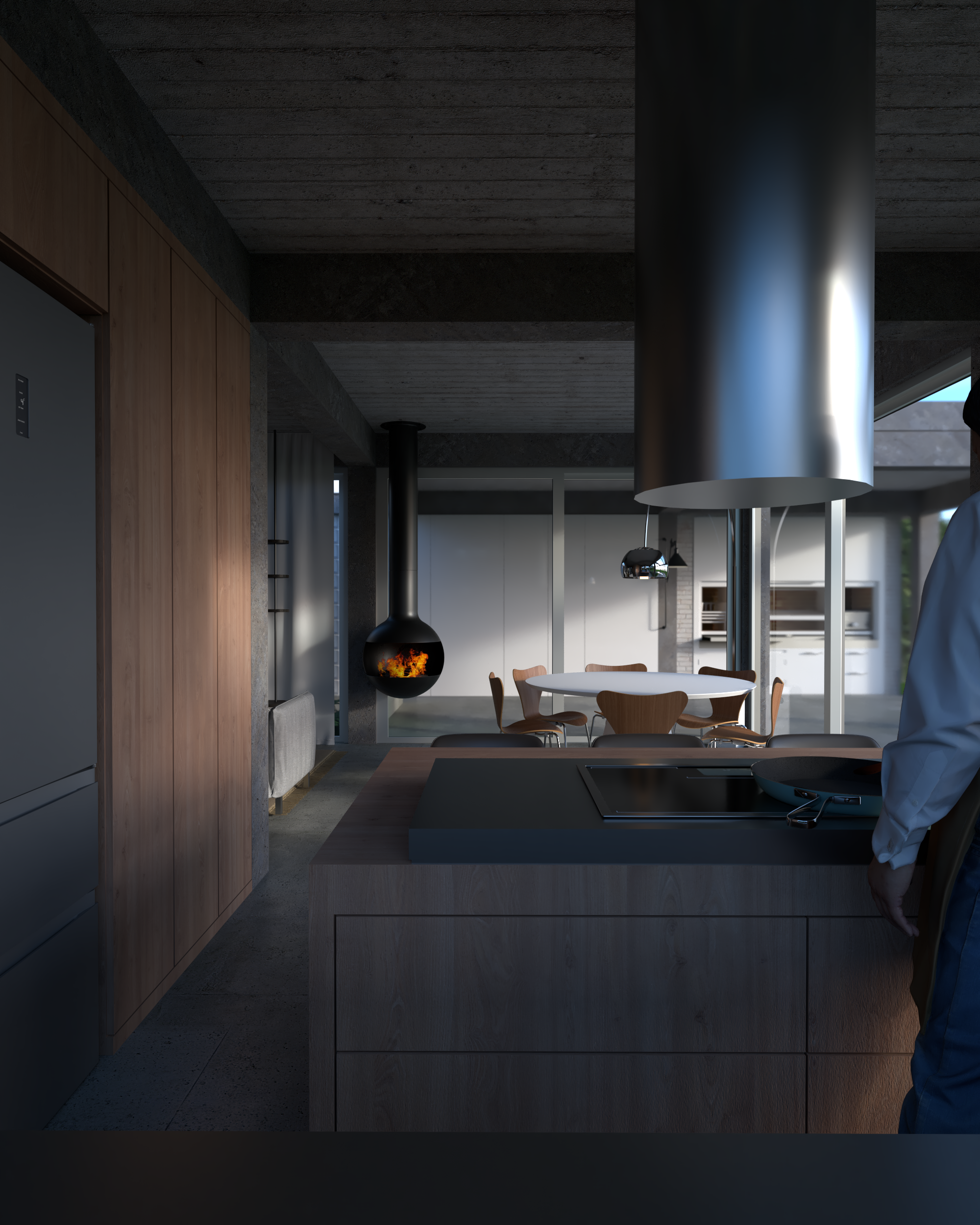 Render de proyecto del estudio Sol Rodriguez Arquitectura del interior moderno de una cocina con mesas de madera, un horno negro con chimenea encendida, y grandes ventanas con vista al exterior. 