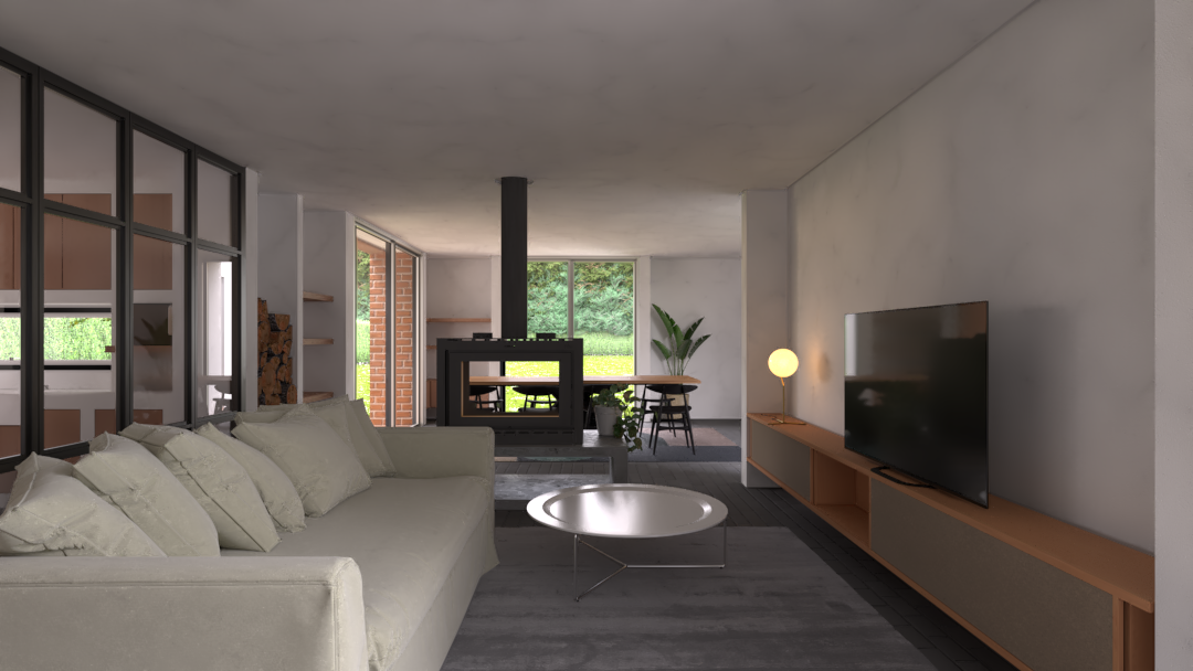 Sala de estar moderna con sofá beige, mesa de centro ovalada, televisión de pantalla plana, estantería de madera, lámpara de mesa, chimenea de leña y ventana con vista al jardín.
