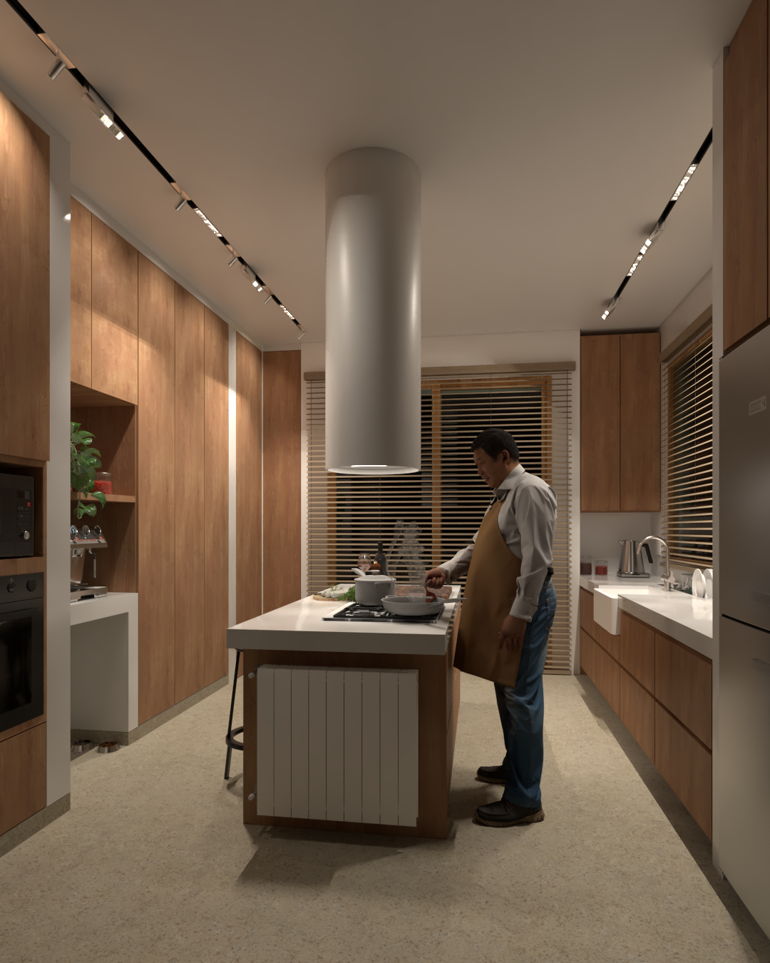 Hombre cocinando en una cocina moderna con gabinetes de madera y ventana con persianas venecianas.
