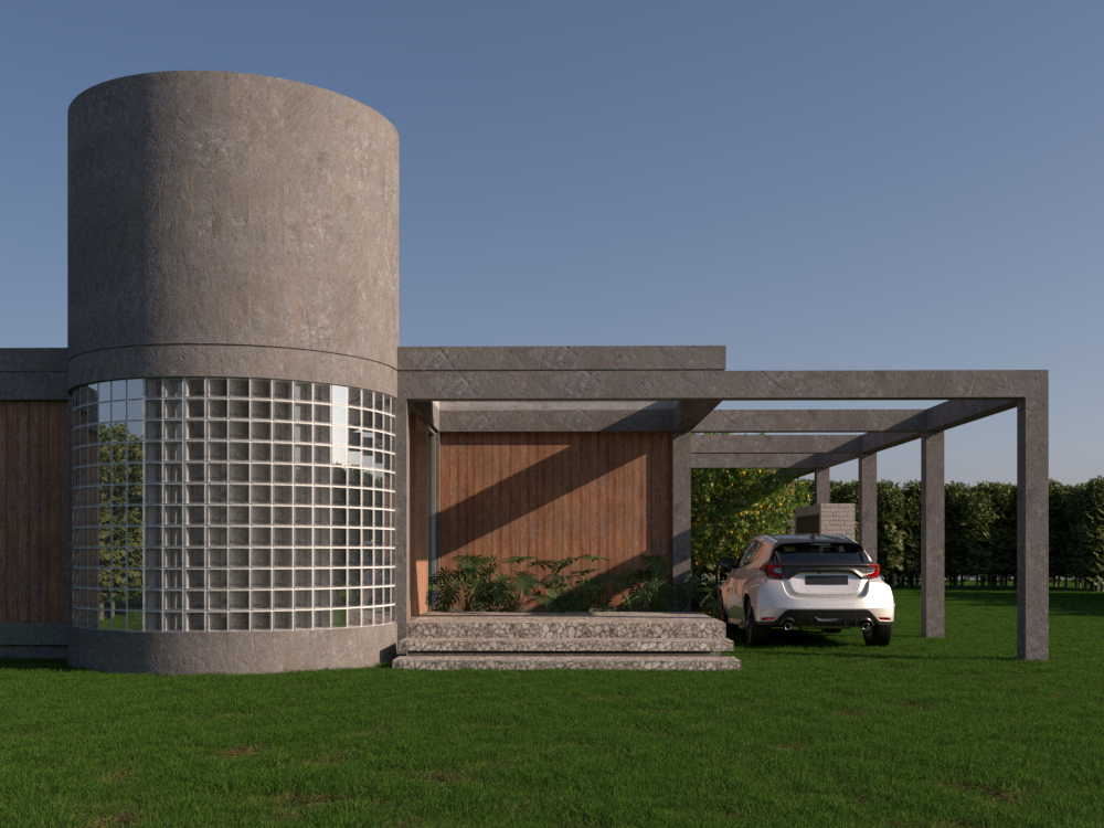 Casa moderna con cilindra de vidrio y jardín con automóvil estacionado.
