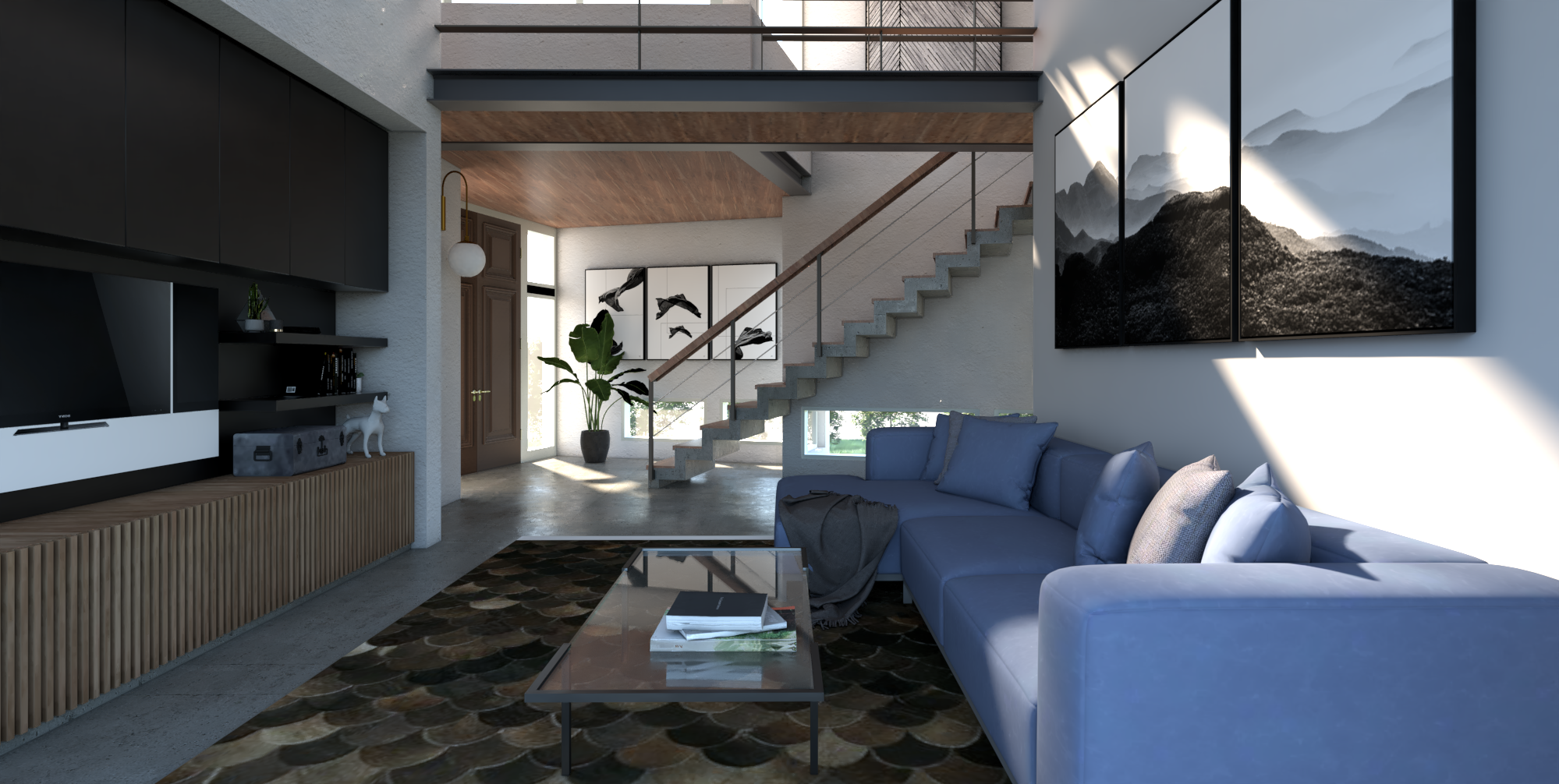 Render de proyecto del Estudio S.R.ARQ del interior de sala moderna con sofá azul, mesa de centro de cristal, paredes decoradas con cuadros de ballenas, escalera de concreto y madera, plantas y ventanas que permiten la entrada de luz natural.