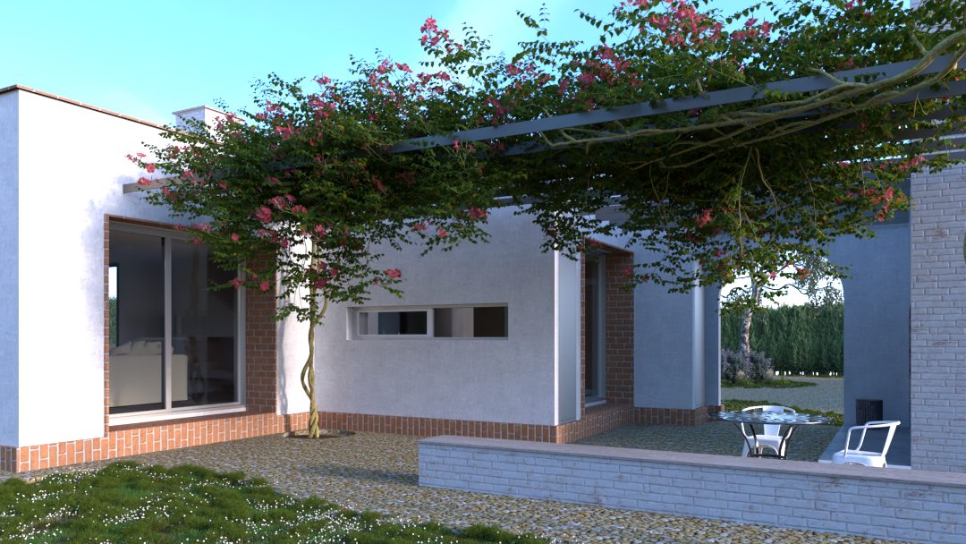 Vista exterior de una casa moderna con jardín, árboles y pérgola con plantas en floración.