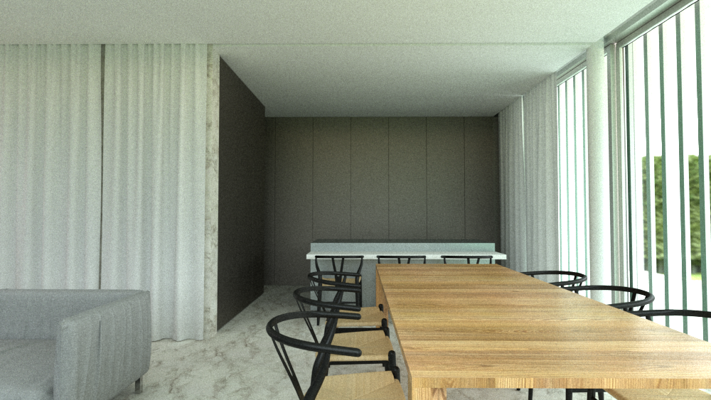 Espacio interior con mesa de madera y sillas negras, paredes de colores neutros y ventanas grandes con rejas que permiten vista al exterior, decorado minimalista y moderno.