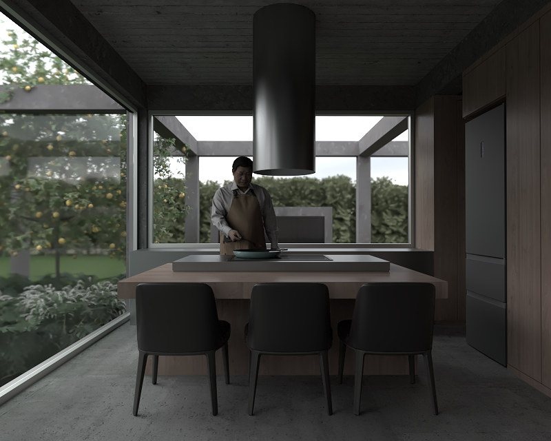 Render de proyecto del estudio Sol Rodriguez Arquitectura que muestra a hombre preparando comida en una cocina moderna con vista a un jardín