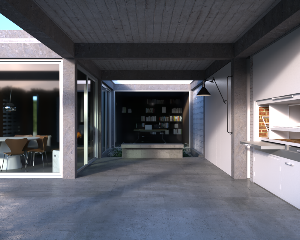 Interior de una sala moderna con ventanas de vidrio, una mesa, sillas, una estantería con libros y una cocina.