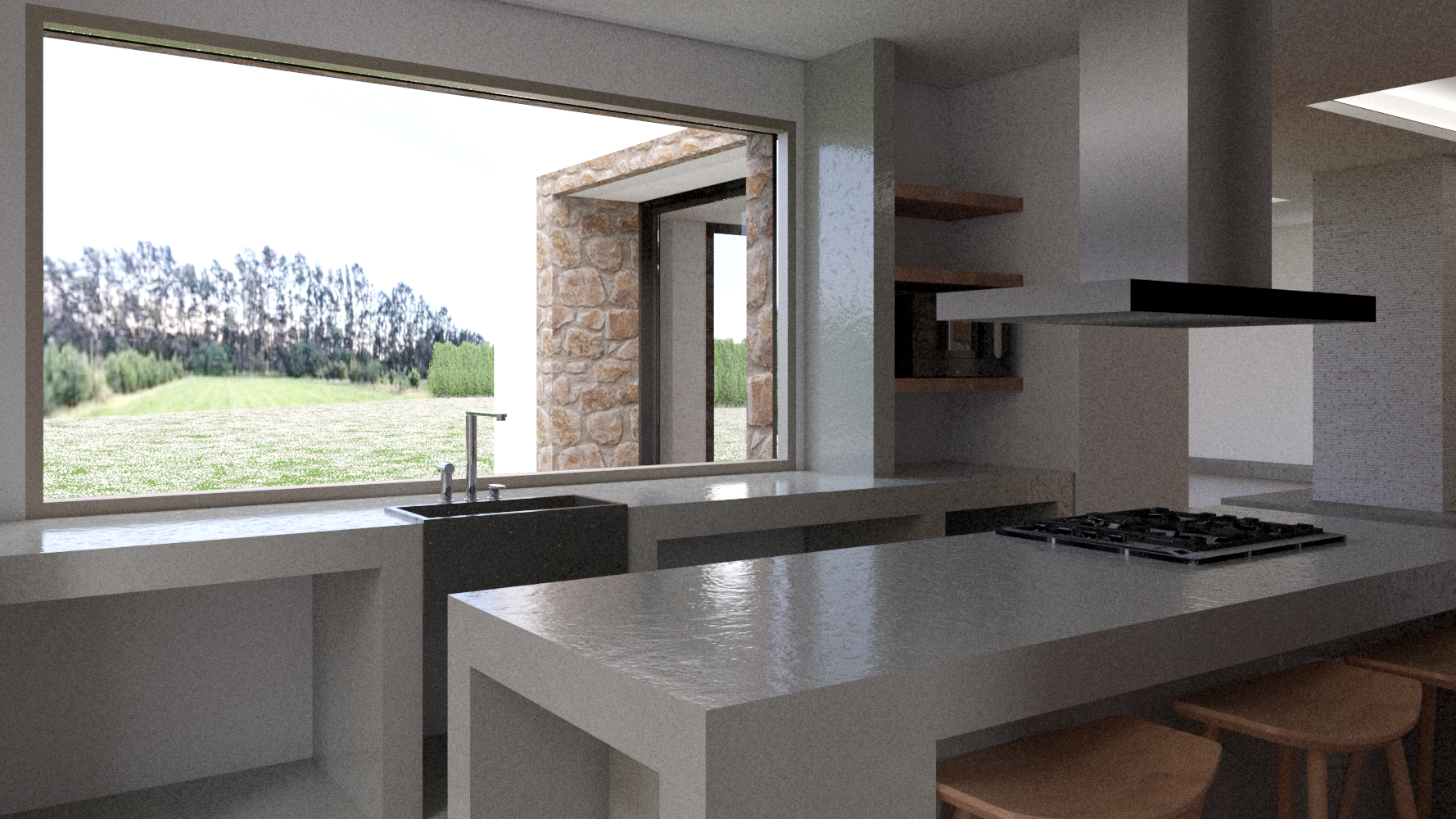 Vista de una cocina moderna con una ventana grande que muestra un paisaje exterior con césped y árboles, encimeras blancas, estufa de cocina, y una vista hacia una habitación con estantes de madera.