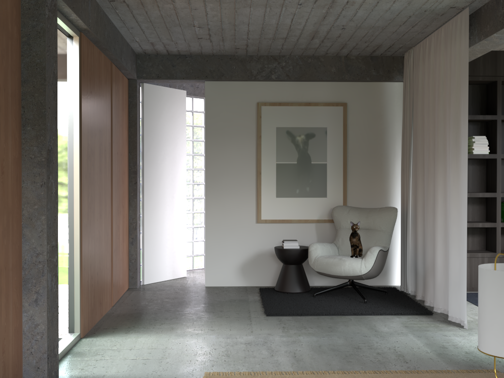 Interior moderno con pared blanca, un sillón blanco con un gato marrón sentado, una mesa pequeña negra con libros, un cuadro en la pared, cortinas blancas y una pared de ladrillos de vidrio.