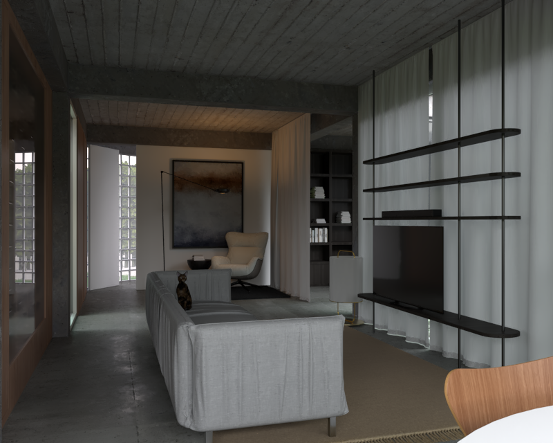Sala de estar moderna con sofá gris, sillón blanco, estantería negra con libros, televisor en pared, cortinas blancas, y una gata sobre el sofá.