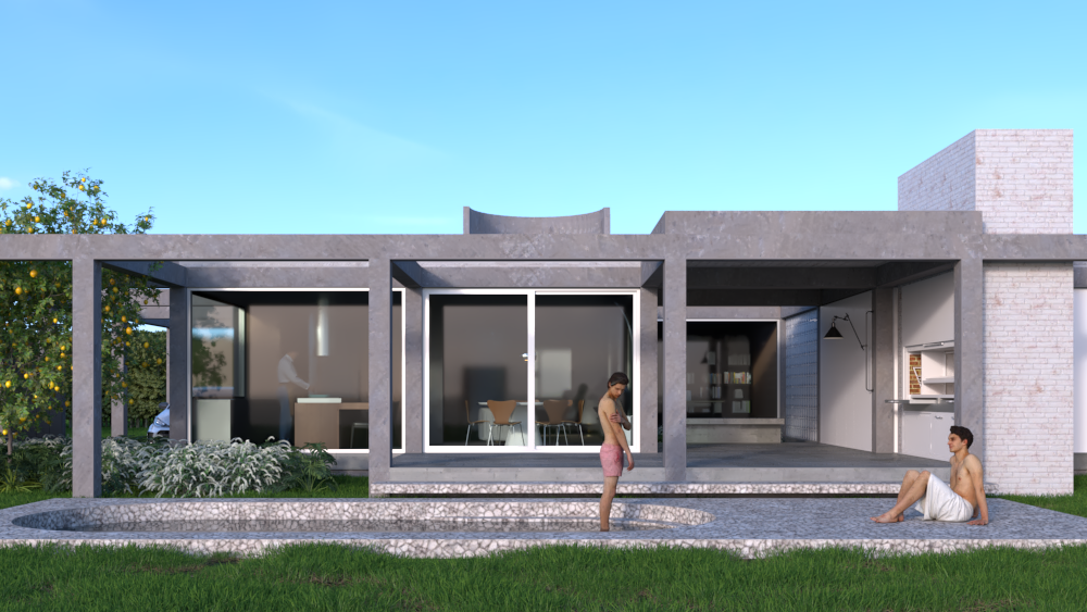 Vista frontal de una casa moderna con estructura de concreto y grandes ventanas, con dos personas en el jardín: una de pie en la tierra y otra sentada en la terraza