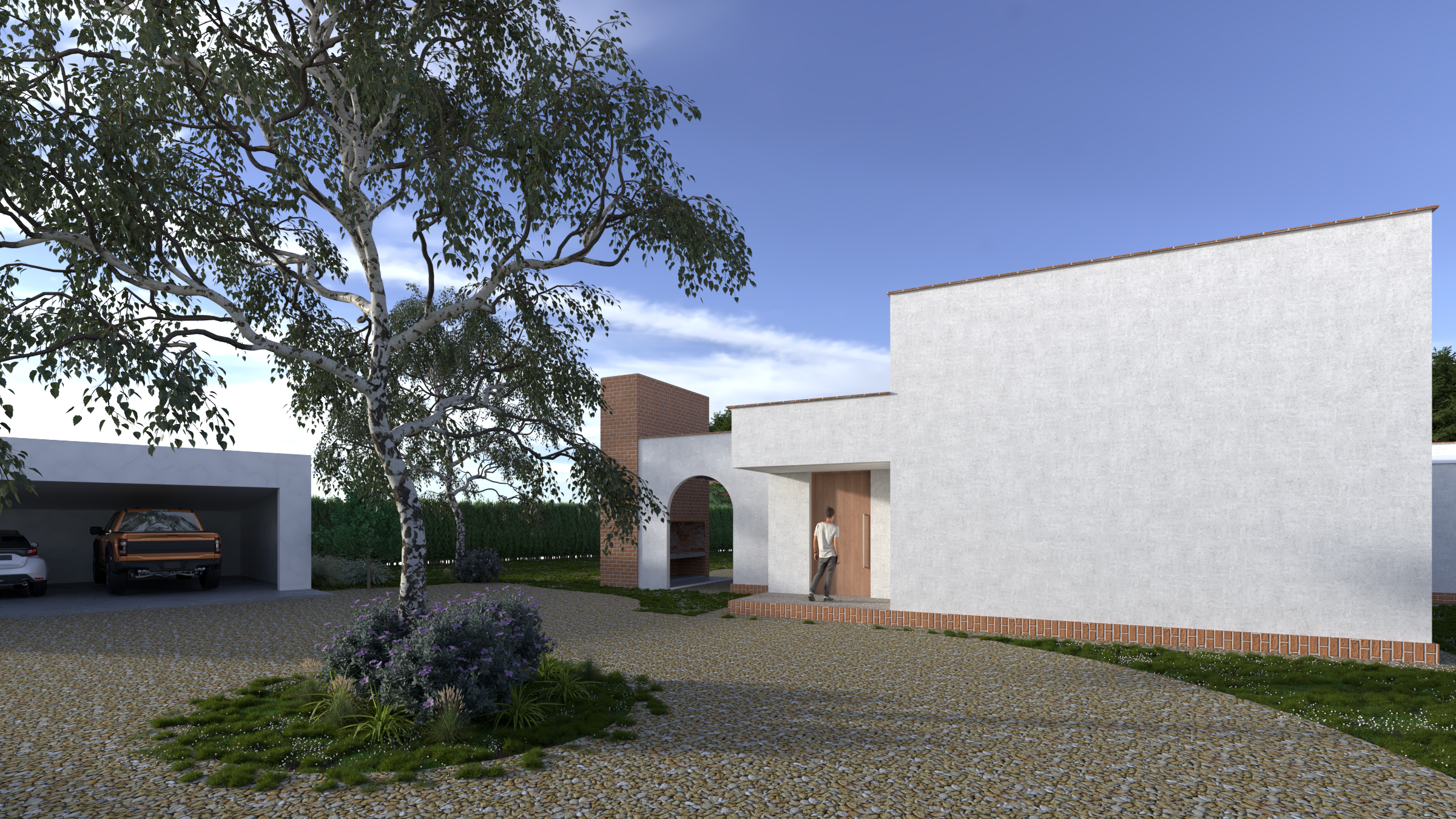 Perspectiva de un espacio exterior con árboles y una casa moderna de paredes blancas, con un área de estacionamiento en la izquierda con dos vehículos, y un camino empedrado con plantas y flores en primer plano.