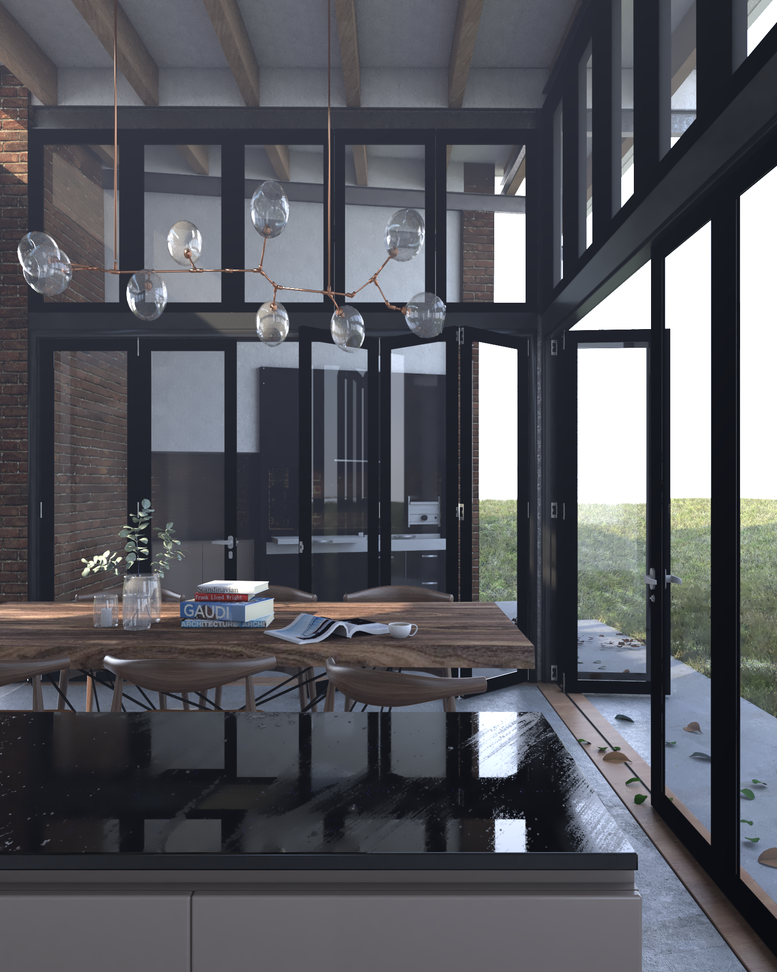 Interior de una sala de comedor moderna con mesa de madera, sillas de madera, estantes con libros, ventanas grandes de vidrio y una lámpara de techo decorativa.
