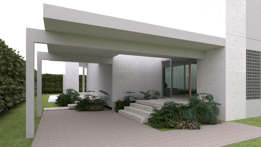 Vista frontal de una entrada moderna a una casa con escaleras de concreto, plantas verdes y un gran ventanal con cortinas.