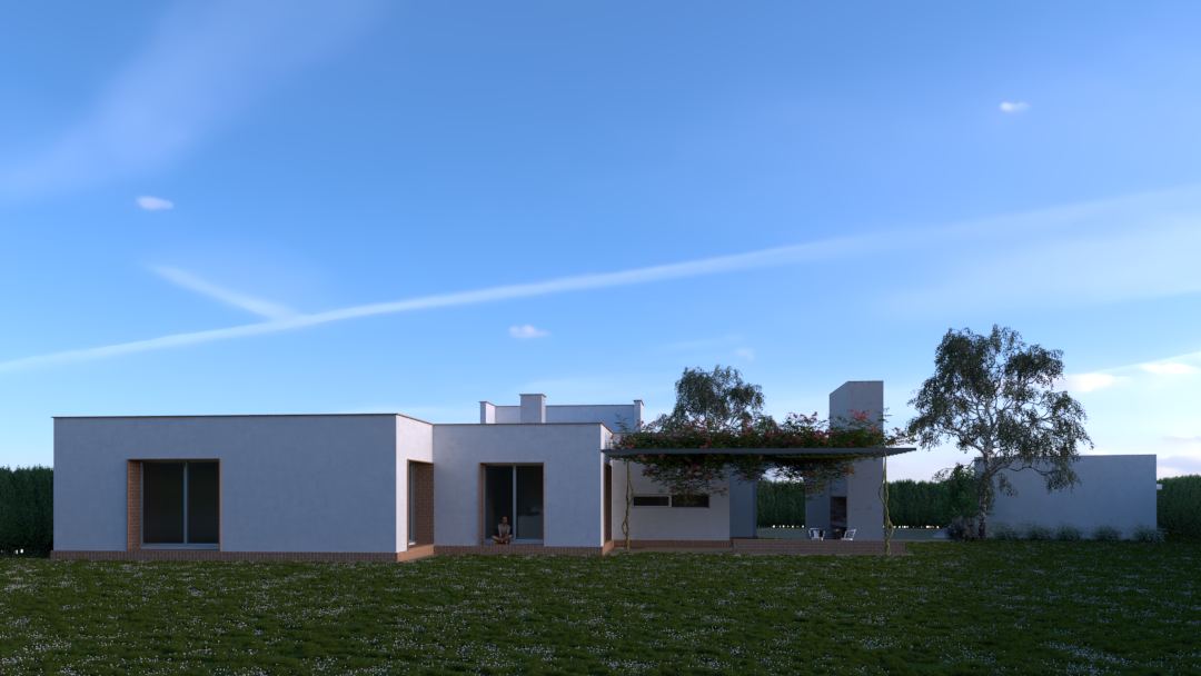 Una casa moderna de diseño minimalista en un día soleado con un cielo azul claro y algunas nubes delgadas, rodeada de césped y árboles.