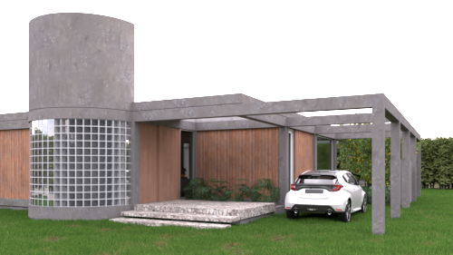 Fachada moderna de casa con estructura de concreto, muro de bloques de vidrio, pared de madera y coche en el garaje