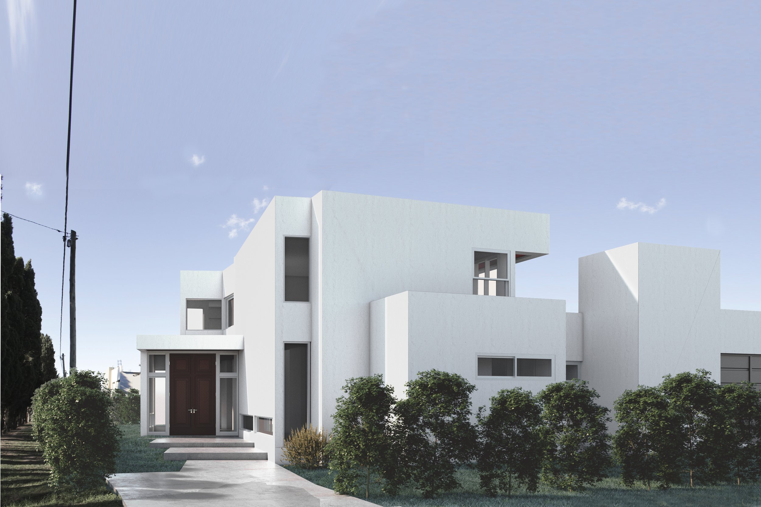Casa moderna blanca con varias ventanas y un camino de entrada rodeado de árboles y arbustos, bajo un cielo claro.