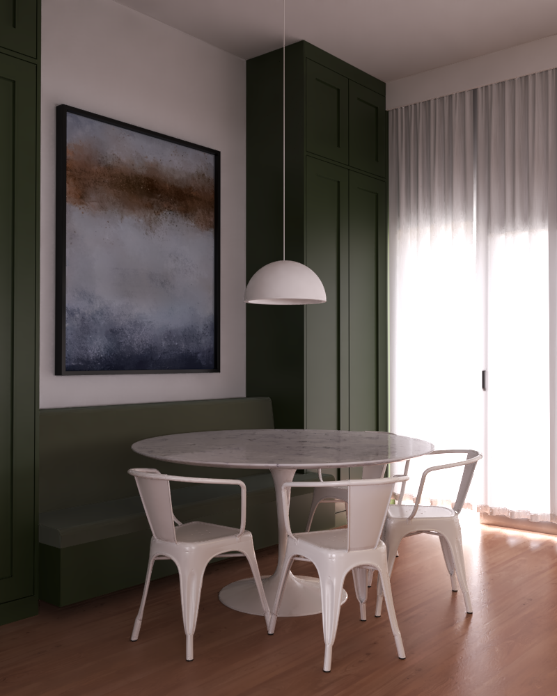 Comedor con una mesa de mármol redonda, cuatro sillas blancas, un mural abstracto y cortinas blancas que dejan entrar luz natural.