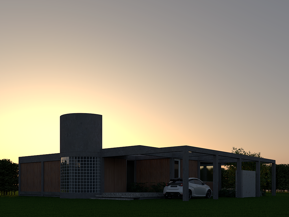 Una casa moderna y minimalista al atardecer, con estructura de concreto y paredes de madera, y un automóvil estacionado en el garaje.